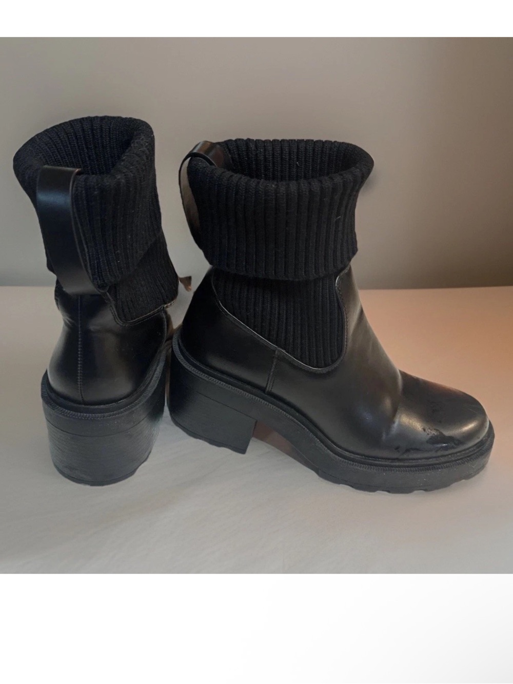 Womens Zara Black soft Rib-Knit Cuff Leather Platform Booties 38/7.5 from Berlin